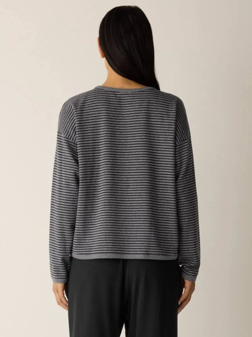 NWT Eileen Fisher Striped Cozy Brushed Terry Box Top Gray Black Size L